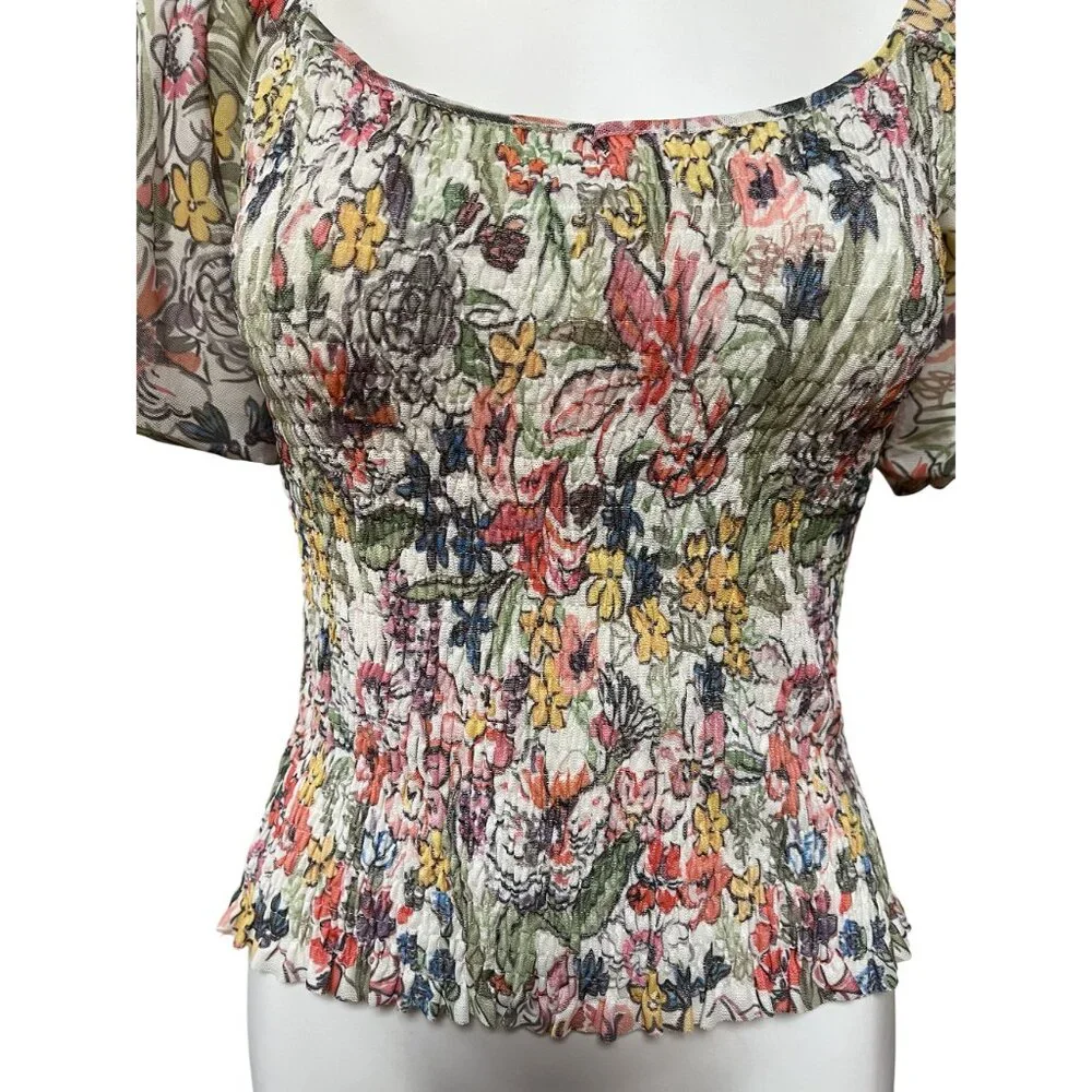 By Anthropologie Aurelia Floral Smocked Mesh Net Top Small Puff Sleeve